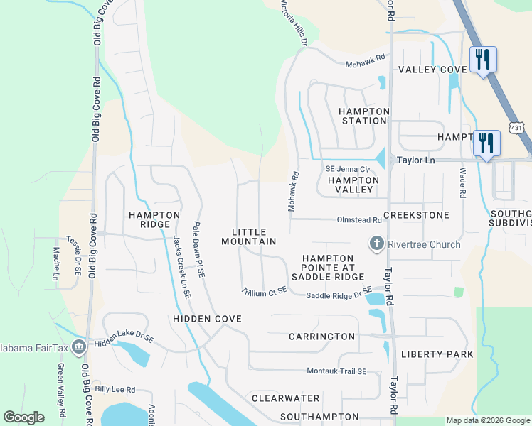 map of restaurants, bars, coffee shops, grocery stores, and more near 7043 Ridge Crest Road Southeast in Owens Cross Roads
