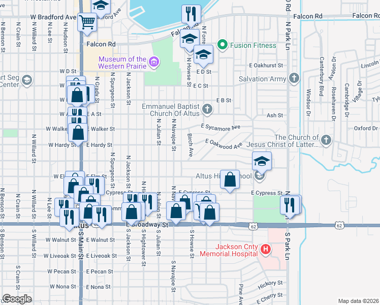 map of restaurants, bars, coffee shops, grocery stores, and more near 501 Navajoe Road in Altus