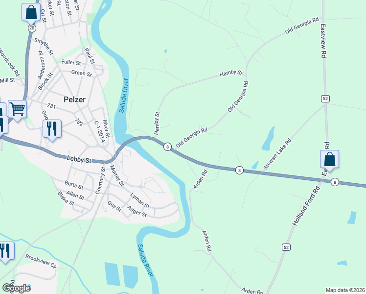 map of restaurants, bars, coffee shops, grocery stores, and more near 106 Old Georgia Road in Pelzer