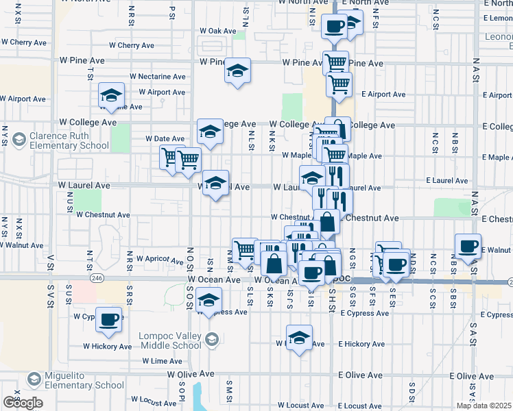 map of restaurants, bars, coffee shops, grocery stores, and more near 310 North L Street in Lompoc