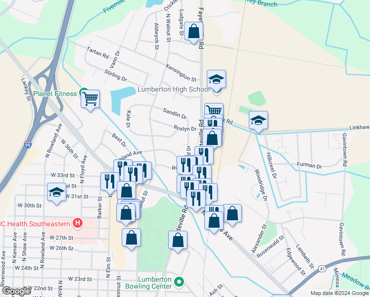 map of restaurants, bars, coffee shops, grocery stores, and more near 3560 Rosewood Drive in Lumberton