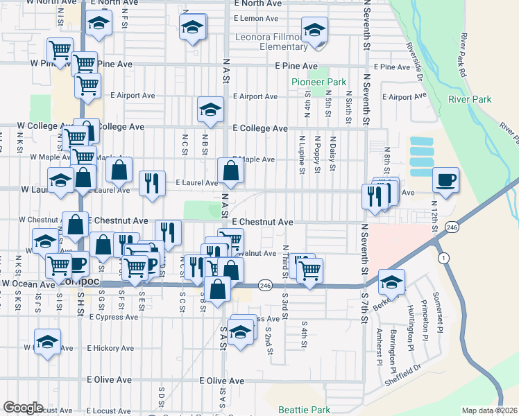 map of restaurants, bars, coffee shops, grocery stores, and more near 311 North 2nd Street in Lompoc