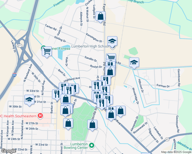 map of restaurants, bars, coffee shops, grocery stores, and more near 3560 Rosewood Drive in Lumberton