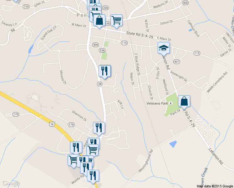 map of restaurants, bars, coffee shops, grocery stores, and more near 104 Harris Place in Pendleton