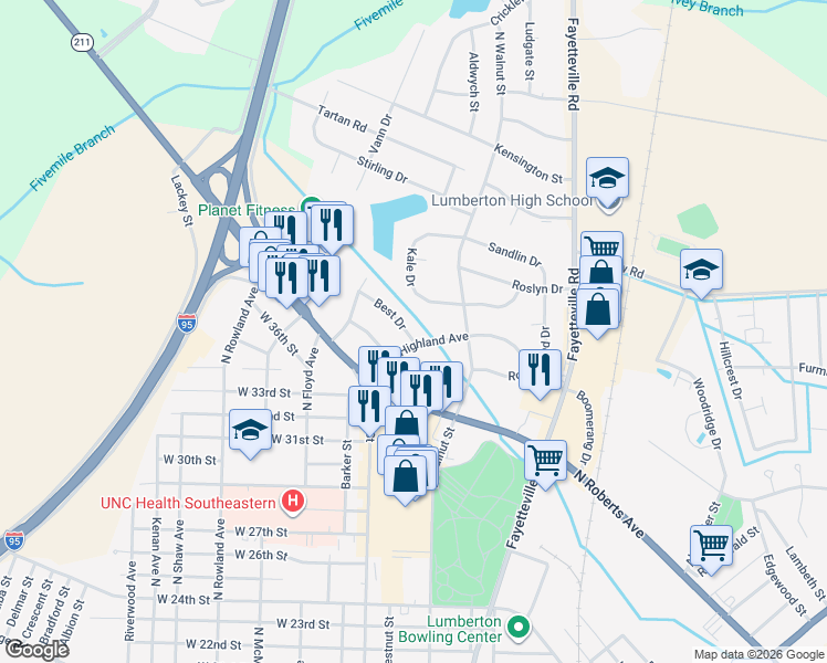 map of restaurants, bars, coffee shops, grocery stores, and more near 102 Best Drive in Lumberton