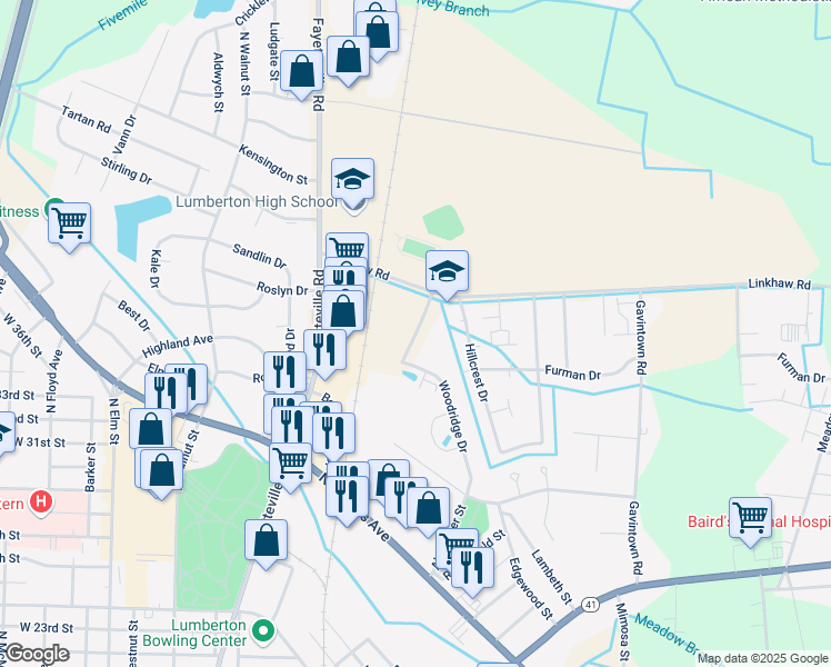 map of restaurants, bars, coffee shops, grocery stores, and more near Noody Johnson Dr in Lumberton