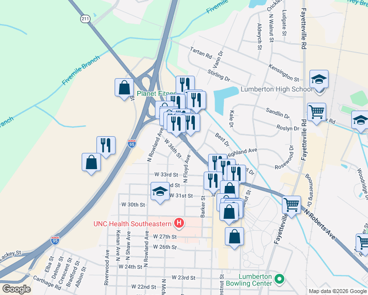 map of restaurants, bars, coffee shops, grocery stores, and more near 306 W 36th St in Lumberton