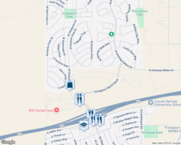 map of restaurants, bars, coffee shops, grocery stores, and more near 7477 East Sunrise Place in Prescott Valley