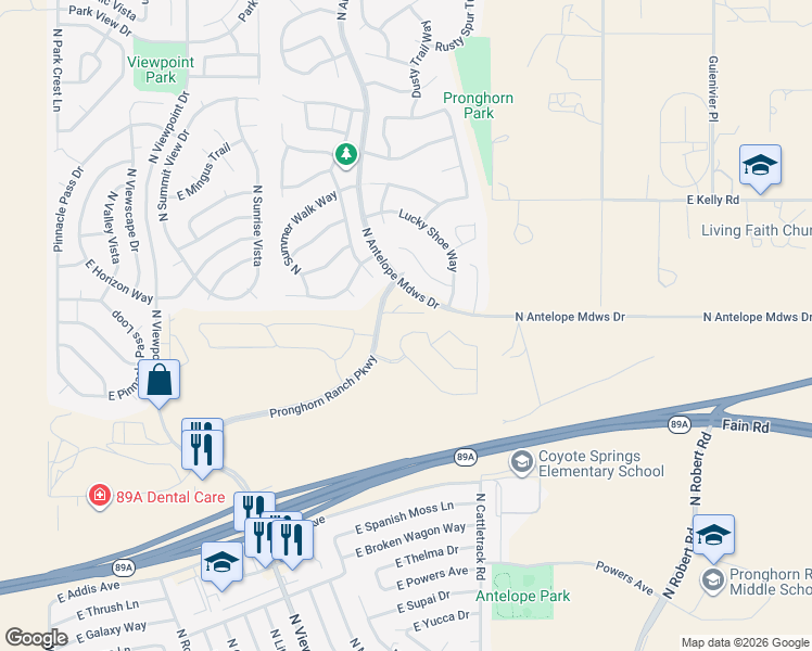 map of restaurants, bars, coffee shops, grocery stores, and more near 7875 Ramblin Ranch Road in Prescott Valley