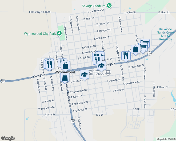 map of restaurants, bars, coffee shops, grocery stores, and more near 409 East Cherokee Street in Wynnewood