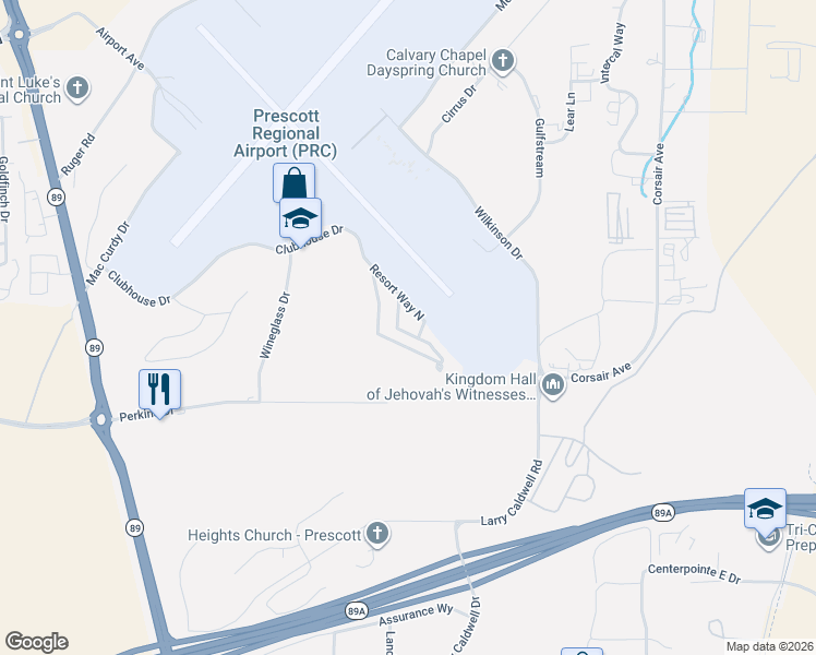 map of restaurants, bars, coffee shops, grocery stores, and more near 2190 Resort Way South in Prescott