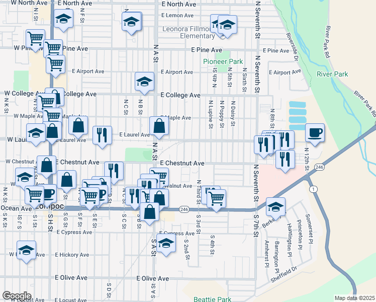 map of restaurants, bars, coffee shops, grocery stores, and more near 303 North Third Street in Lompoc