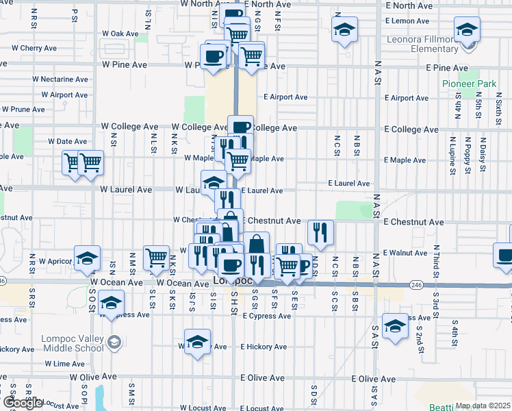 map of restaurants, bars, coffee shops, grocery stores, and more near 300 North G Street in Lompoc