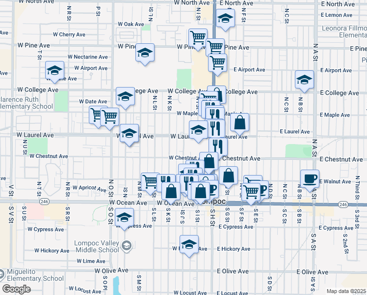 map of restaurants, bars, coffee shops, grocery stores, and more near 301 North J Street in Lompoc