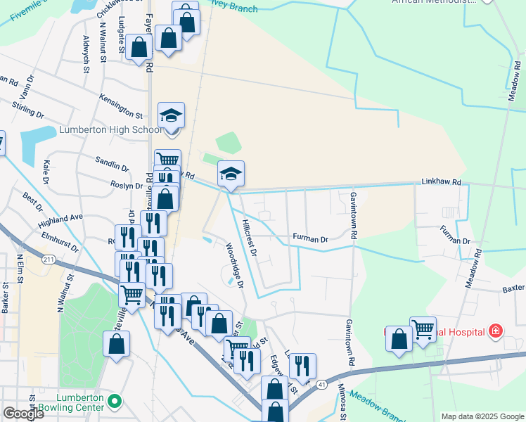 map of restaurants, bars, coffee shops, grocery stores, and more near 1007 Furman Drive in Lumberton