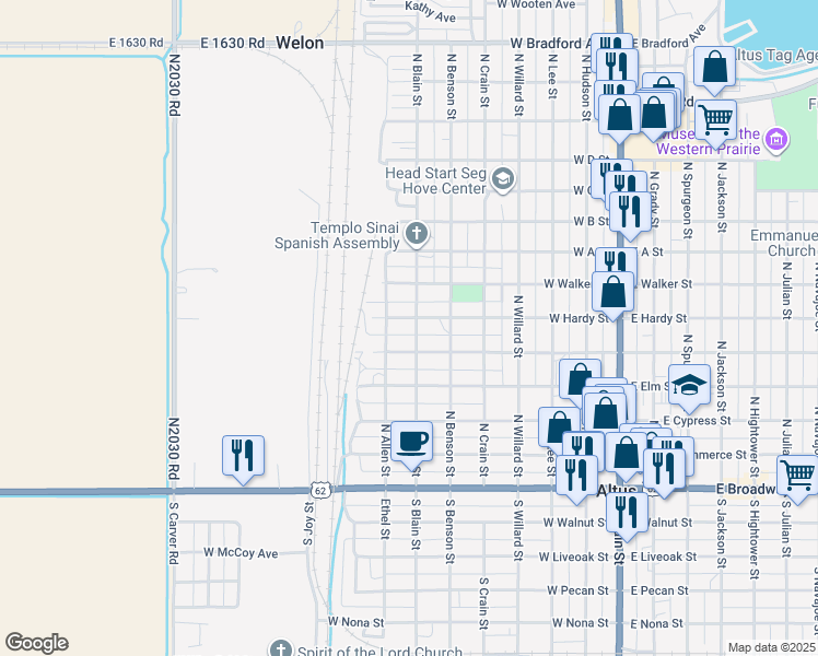 map of restaurants, bars, coffee shops, grocery stores, and more near 501 North Blain Street in Altus