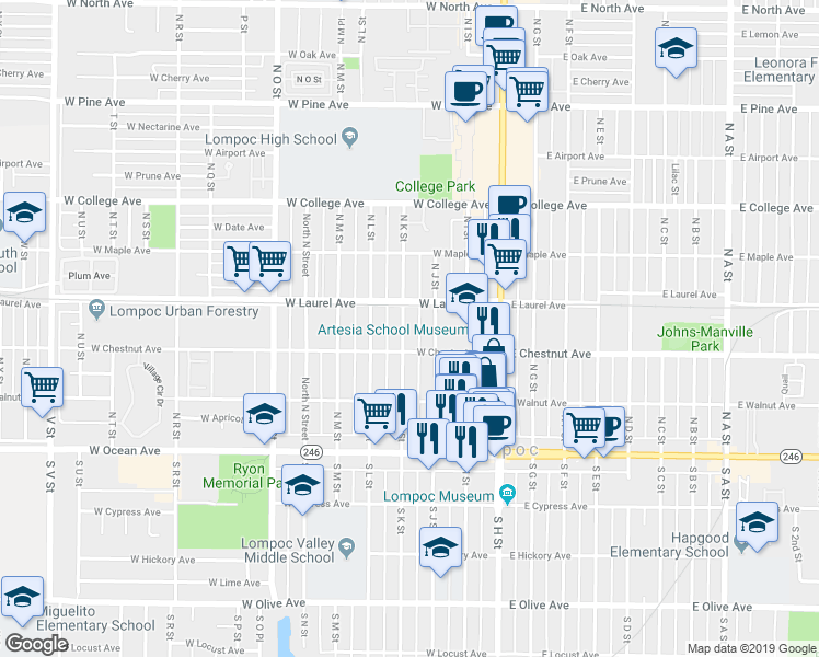 map of restaurants, bars, coffee shops, grocery stores, and more near 314 North K Street in Lompoc