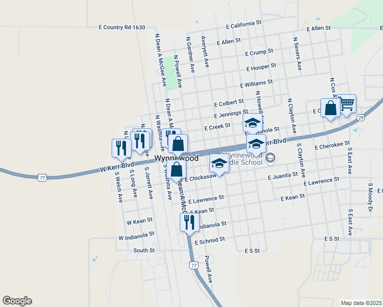 map of restaurants, bars, coffee shops, grocery stores, and more near 204 East Kerr Boulevard in Wynnewood