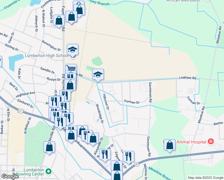 map of restaurants, bars, coffee shops, grocery stores, and more near 3700 Woodcliff Drive in Lumberton