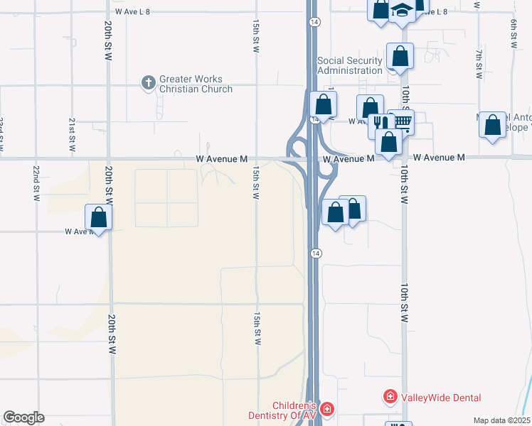 map of restaurants, bars, coffee shops, grocery stores, and more near 15th Street West in Palmdale