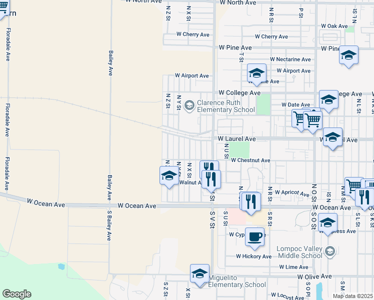 map of restaurants, bars, coffee shops, grocery stores, and more near 313 North X Street in Lompoc