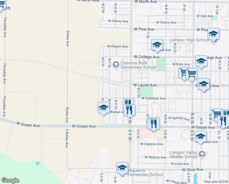 map of restaurants, bars, coffee shops, grocery stores, and more near 313 North X Street in Lompoc