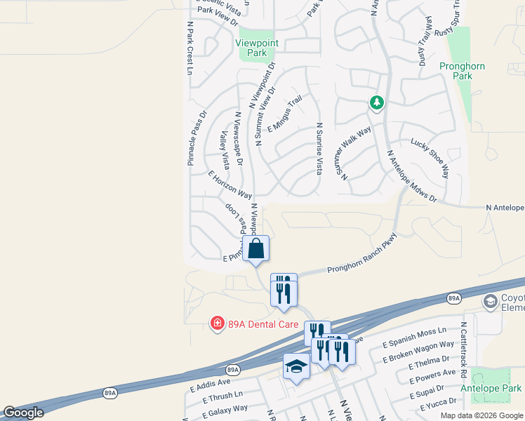 map of restaurants, bars, coffee shops, grocery stores, and more near 6855 North Viewpoint Drive in Prescott Valley