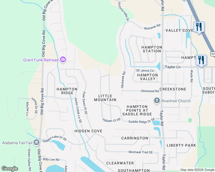 map of restaurants, bars, coffee shops, grocery stores, and more near 4642 Saddle Ridge Drive Southeast in Owens Cross Roads