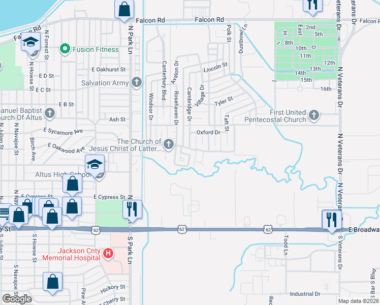 map of restaurants, bars, coffee shops, grocery stores, and more near 504 Sleepy Hollow Street in Altus