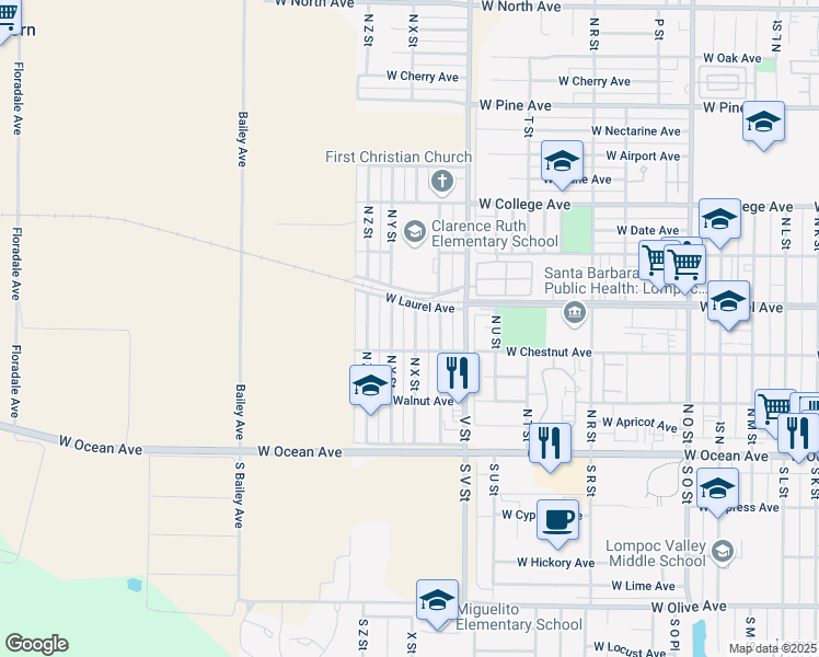 map of restaurants, bars, coffee shops, grocery stores, and more near 313 North X Street in Lompoc