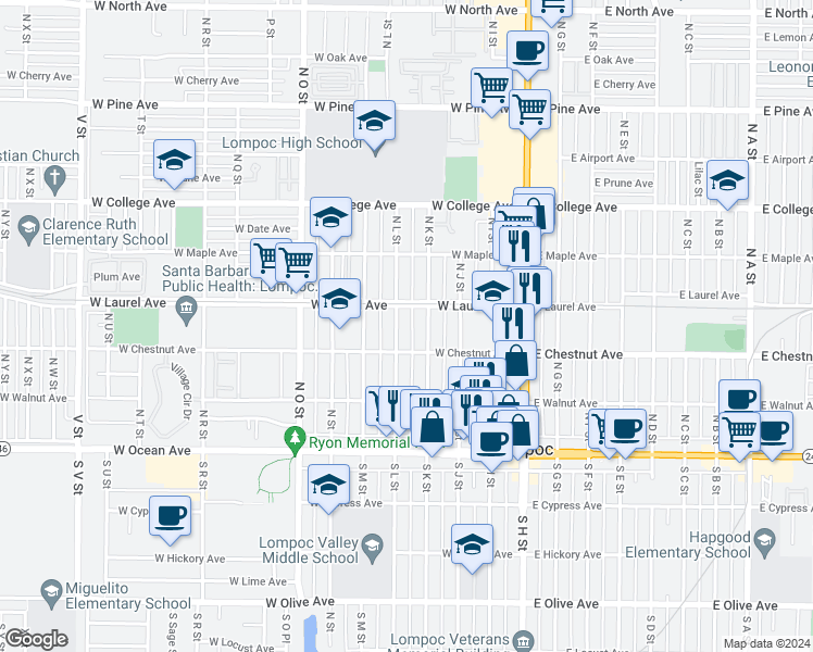 map of restaurants, bars, coffee shops, grocery stores, and more near 322 North L Street in Lompoc