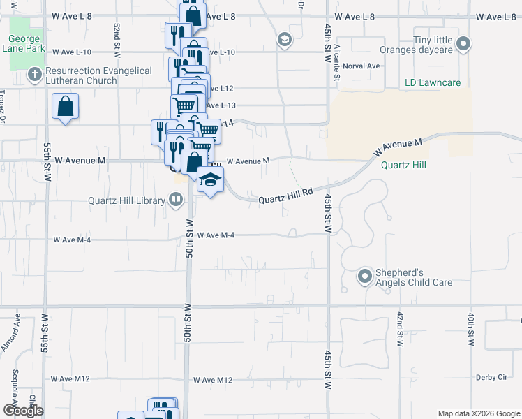 map of restaurants, bars, coffee shops, grocery stores, and more near 4698 Quartz Hill Road in Quartz Hill