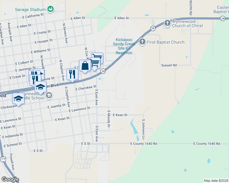 map of restaurants, bars, coffee shops, grocery stores, and more near 1344 Tumbleweed Road in Wynnewood