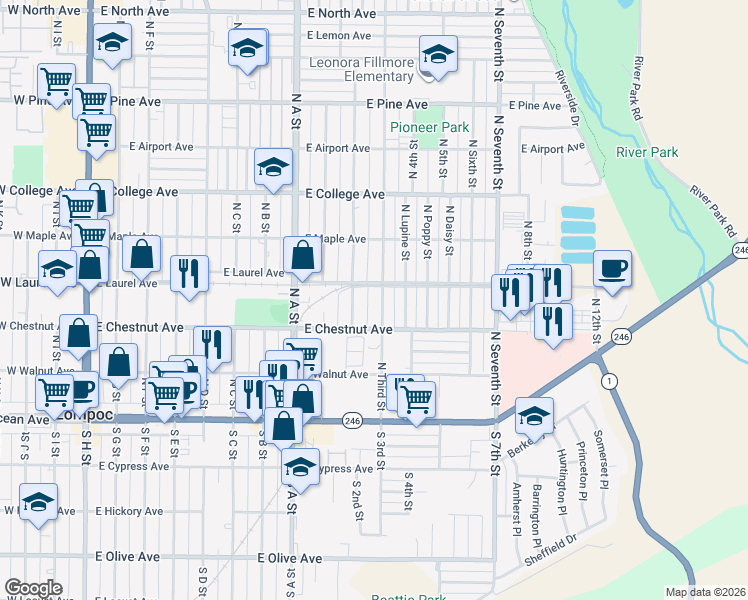 map of restaurants, bars, coffee shops, grocery stores, and more near 303 North Third Street in Lompoc