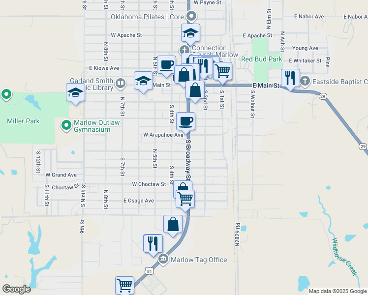 map of restaurants, bars, coffee shops, grocery stores, and more near 506 South Broadway Street in Marlow