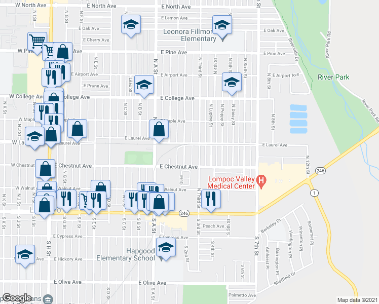 map of restaurants, bars, coffee shops, grocery stores, and more near 320 North 2nd Street in Lompoc