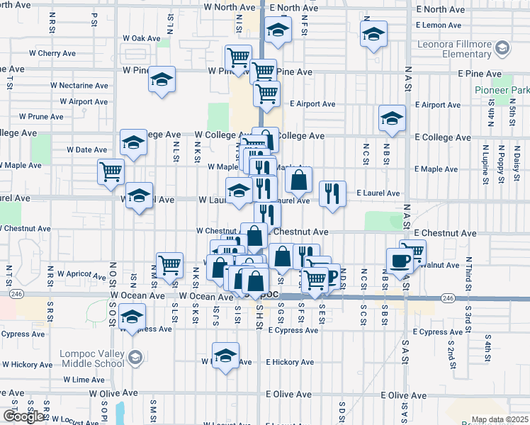 map of restaurants, bars, coffee shops, grocery stores, and more near 322 North H Street in Lompoc