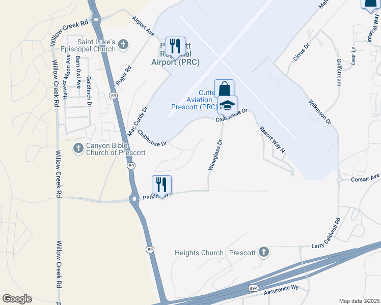 map of restaurants, bars, coffee shops, grocery stores, and more near 3 Walking Diamond Drive in Prescott