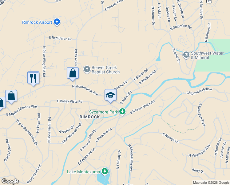 map of restaurants, bars, coffee shops, grocery stores, and more near 4030 East Aztec Road in Lake Montezuma