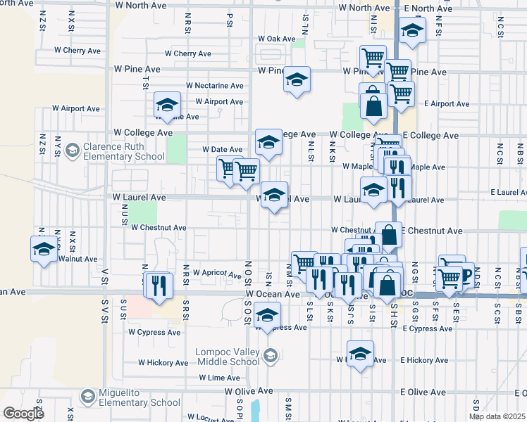 map of restaurants, bars, coffee shops, grocery stores, and more near 725 West Chestnut Avenue in Lompoc