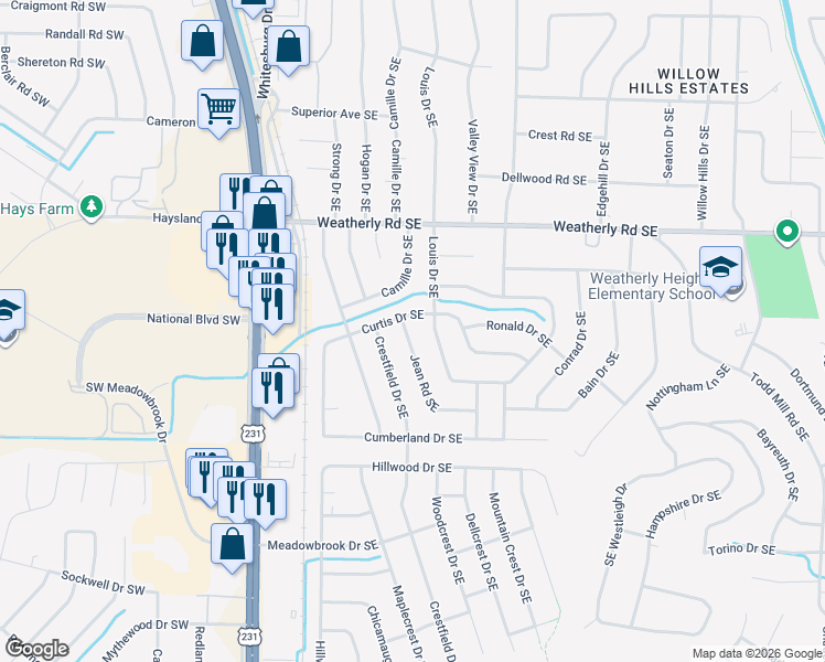 map of restaurants, bars, coffee shops, grocery stores, and more near 11009 Jean Road Southeast in Huntsville