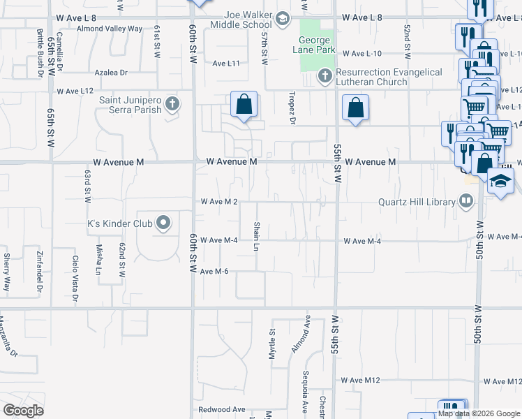 map of restaurants, bars, coffee shops, grocery stores, and more near 41852 Shain Lane in Quartz Hill