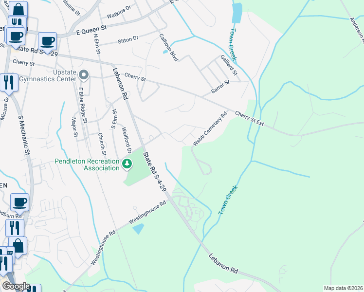 map of restaurants, bars, coffee shops, grocery stores, and more near 100 Colonial Court in Pendleton