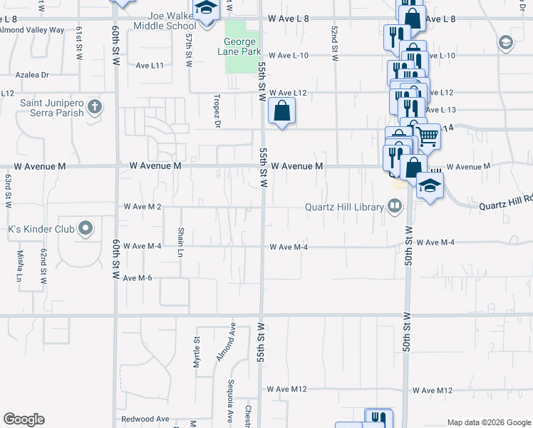 map of restaurants, bars, coffee shops, grocery stores, and more near 5357 West Avenue M 2 in Lancaster