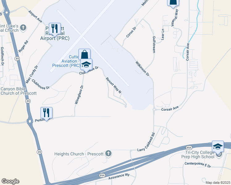 map of restaurants, bars, coffee shops, grocery stores, and more near 2168 Clubhouse Drive in Prescott