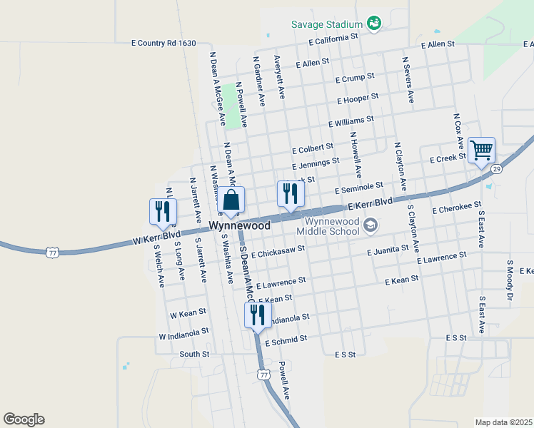 map of restaurants, bars, coffee shops, grocery stores, and more near 204 East Kerr Boulevard in Wynnewood