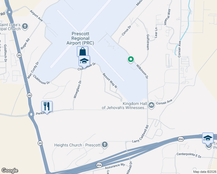 map of restaurants, bars, coffee shops, grocery stores, and more near 2168 Clubhouse Drive in Prescott