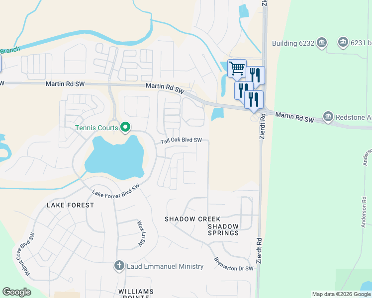 map of restaurants, bars, coffee shops, grocery stores, and more near 25 Tall Oak Boulevard Southwest in Huntsville