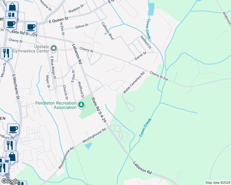 map of restaurants, bars, coffee shops, grocery stores, and more near 100 Colonial Court in Pendleton