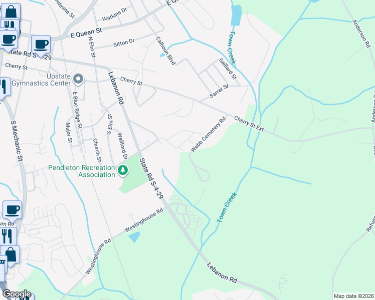 map of restaurants, bars, coffee shops, grocery stores, and more near 207 Plantation Drive in Pendleton